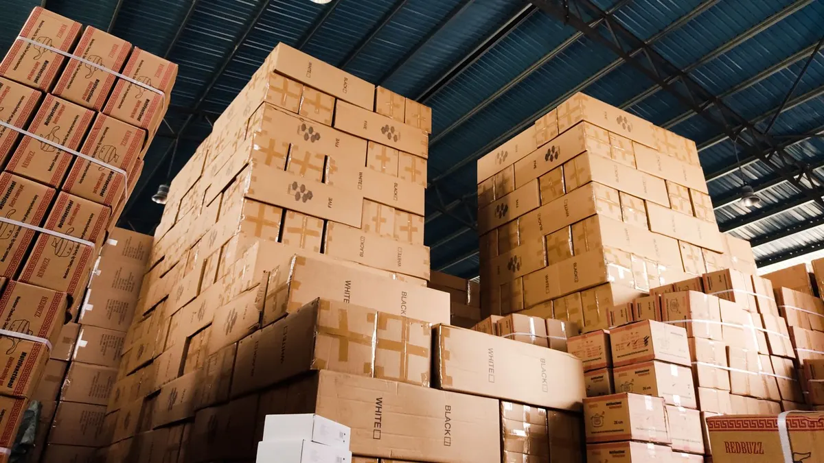 Cartons of stock stored in a fulfillment warehouse